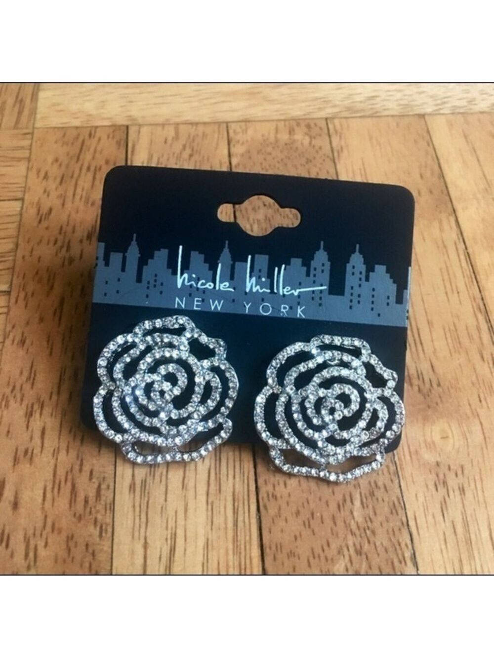 Nicole Miller Silver Rose Rhinestone Earrings - Picture 1 of 2